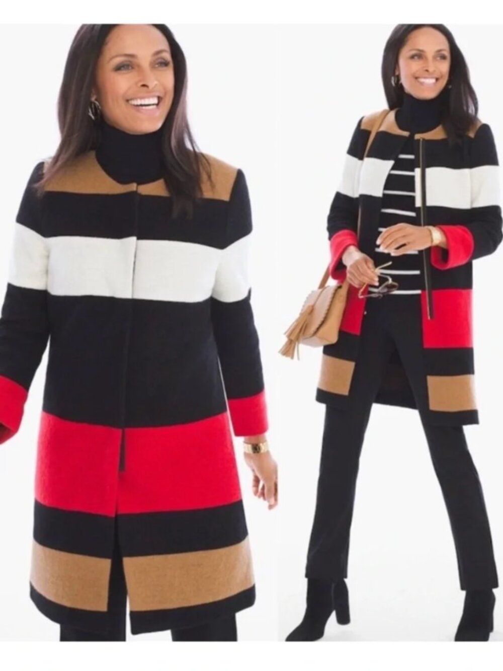 Chico's Color Block Boiled Wool Jacket Size Large (2 Chico’s Sizing)